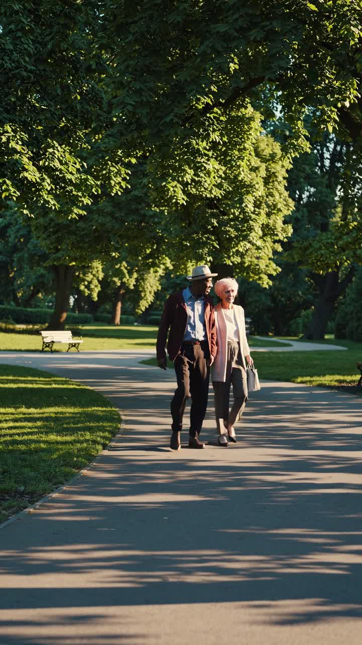 Senior African American man and Caucasian woman walking hand in hand through a lush green park on a sunny summer day, savoring their retirement and enjoying each other's company