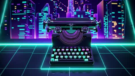 retro typewriter in a cyberpunk cityscape