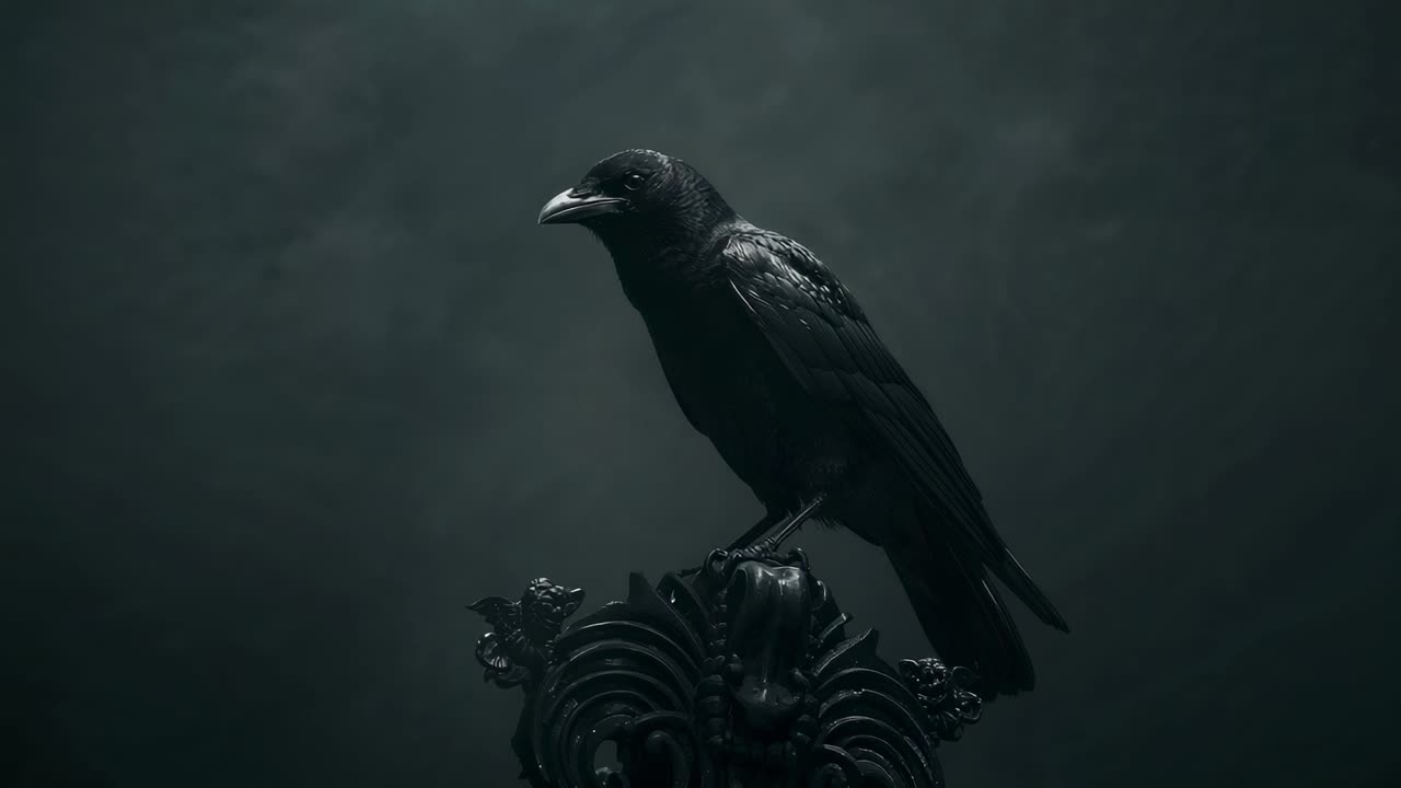 At two secs crow turning head toward camera, perching atop ornate finial on dark backdrop