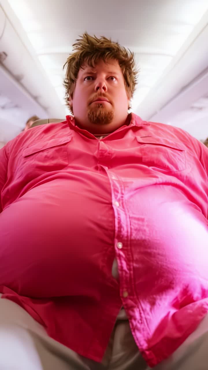 Un passeggero con una maglietta rosa ha difficoltà a sedersi sul sedile dell'aereo, evidenziando i problemi di comfort e spazio per le persone di taglia più grande durante il volo