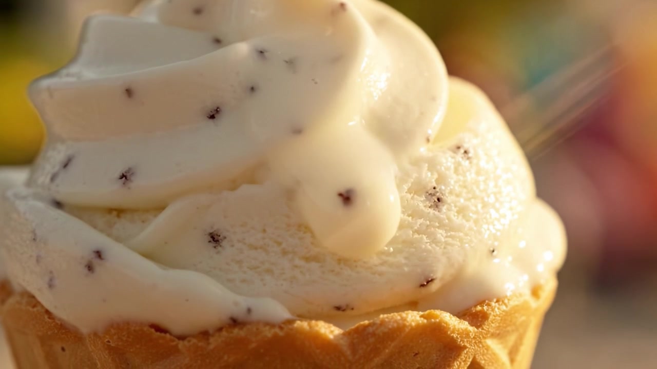 Un cornet de glace délicieusement fondant : Capturant le tourbillon tentant de la glace molle à la vanille avec des pépites de chocolat, parfaitement mis en scène sous une chaude lumière estivale.