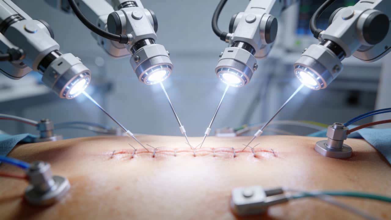 Bracci robotici che si allineano manipolando suture su un'incisione centrale del torso sotto luci LED, con il chirurgo che comanda.