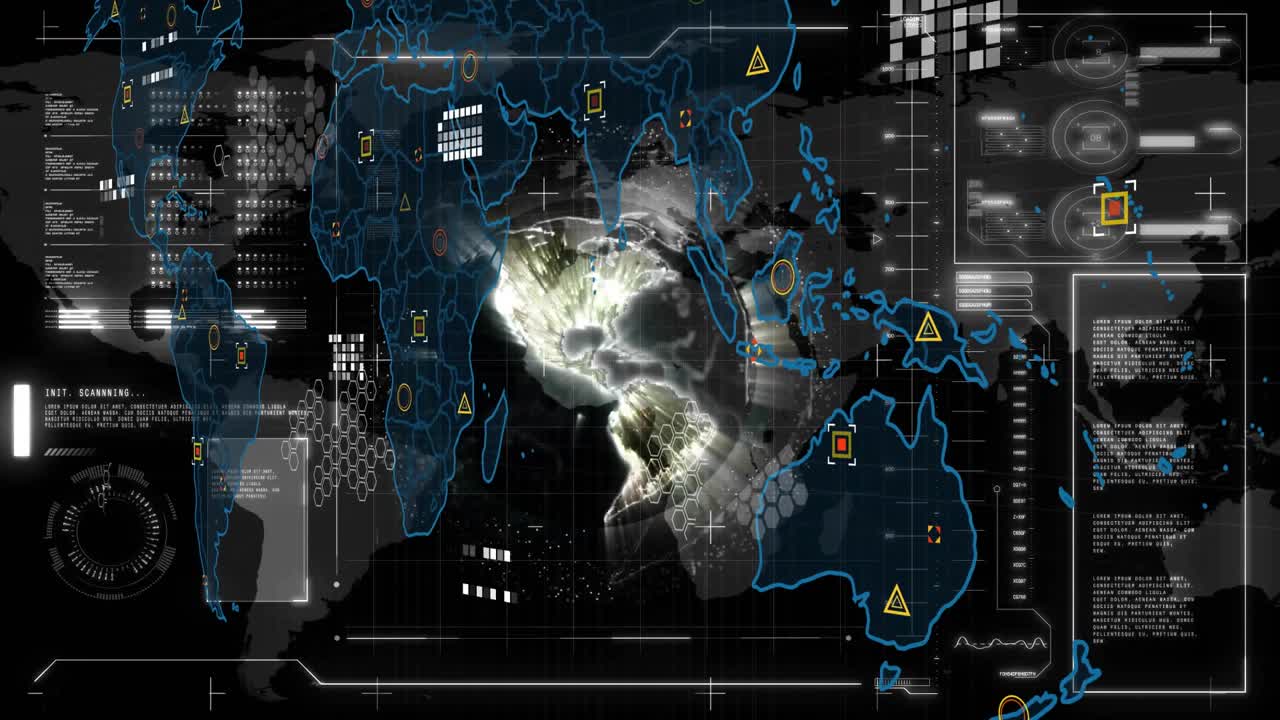 Holographic map generating swirl over Africa, tracing borders, popping icons and updating readouts