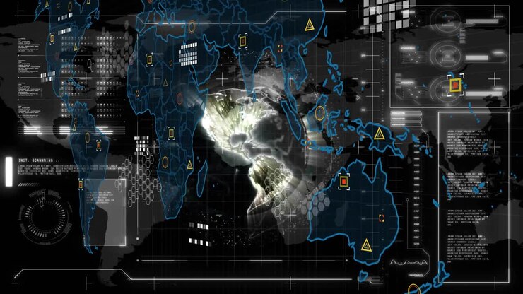 Holographic map generating swirl over Africa, tracing borders, popping icons and updating readouts