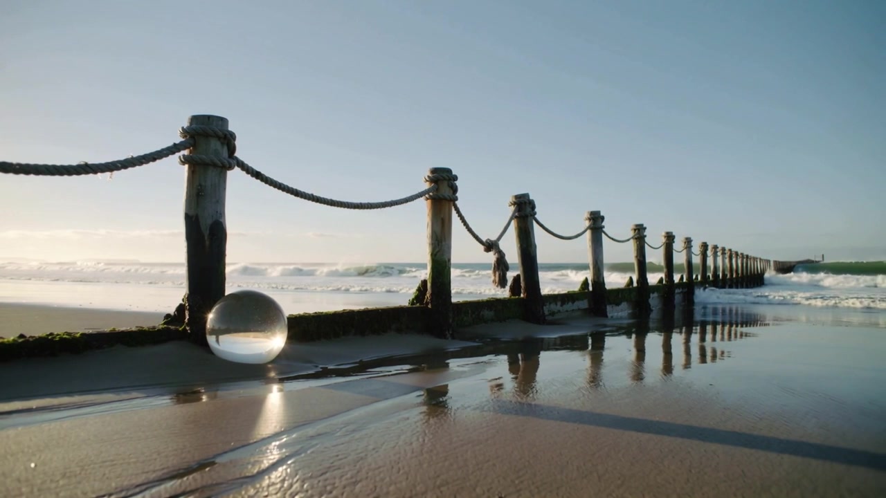 Waves nudging clear glass sphere on wet sand at low tide, reflecting groyne posts and rope