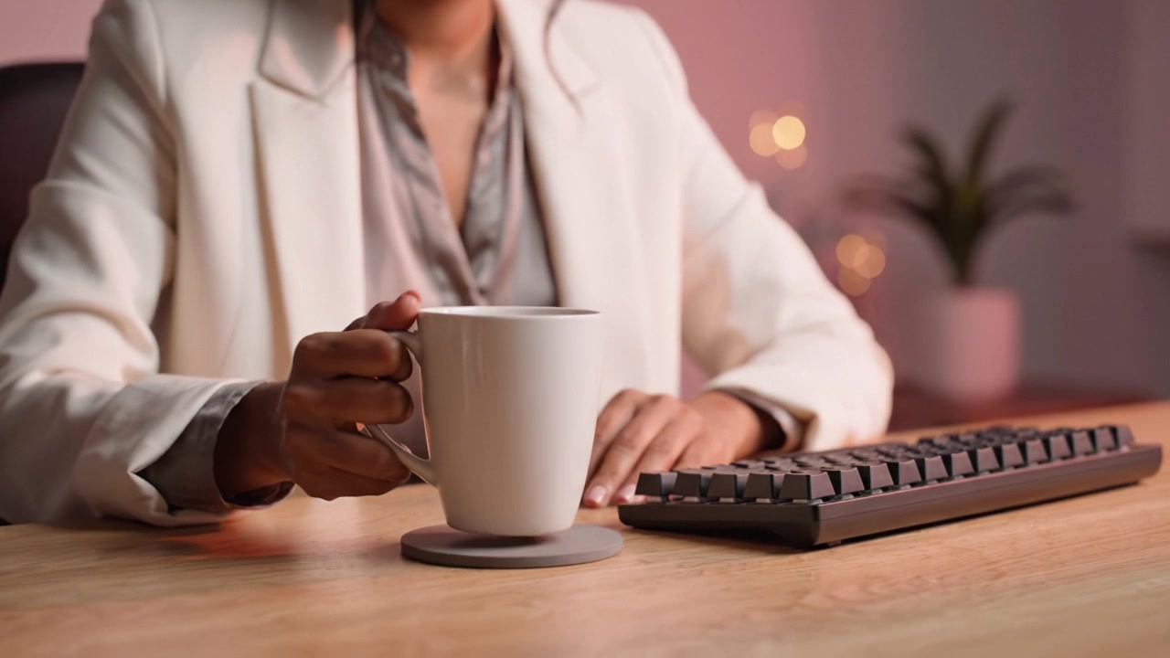 A Professional Woman Enjoying Coffee While Working at Her Desk with a Computer Keyboard and Cozy Background Lighting in a Modern Office Setting