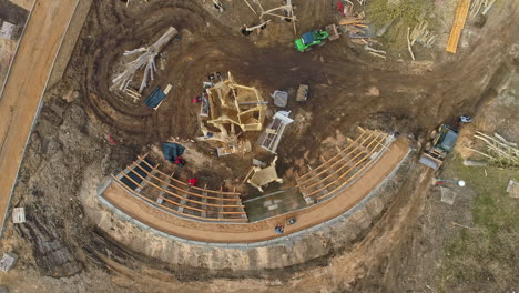 skatepark construction timelapse topview, quarter ramp skeleton before pouring concrete, skatebowl