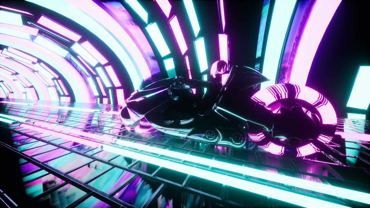 la chica cibernética monta una motocicleta en un túnel de neón brillante. animación de bucle sin costuras de un pasillo para fondos de vj, dj o ciencia ficción.