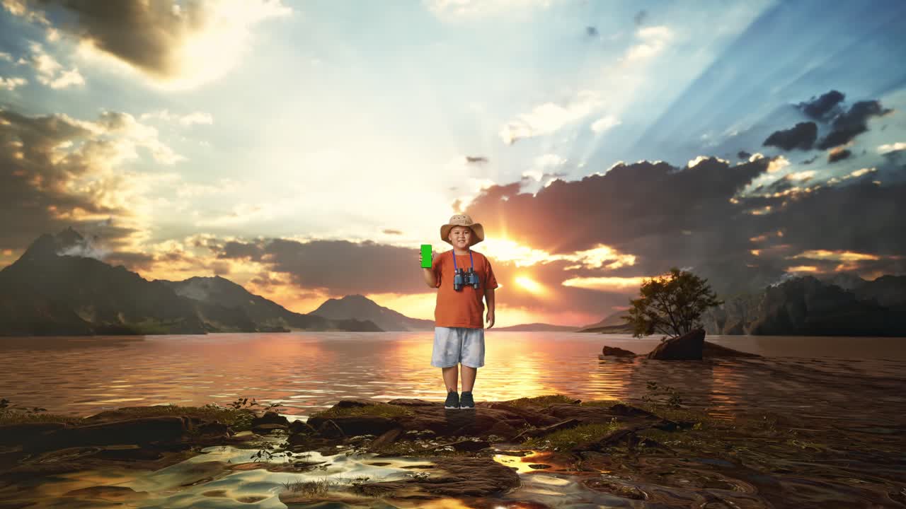 Asian Boy With A Hat And Binoculars Smiling And Showing Green Screen Smartphone To Camera. Boy Researcher Examines Something At A Lake, Travel Tourism Adventure, Full Body