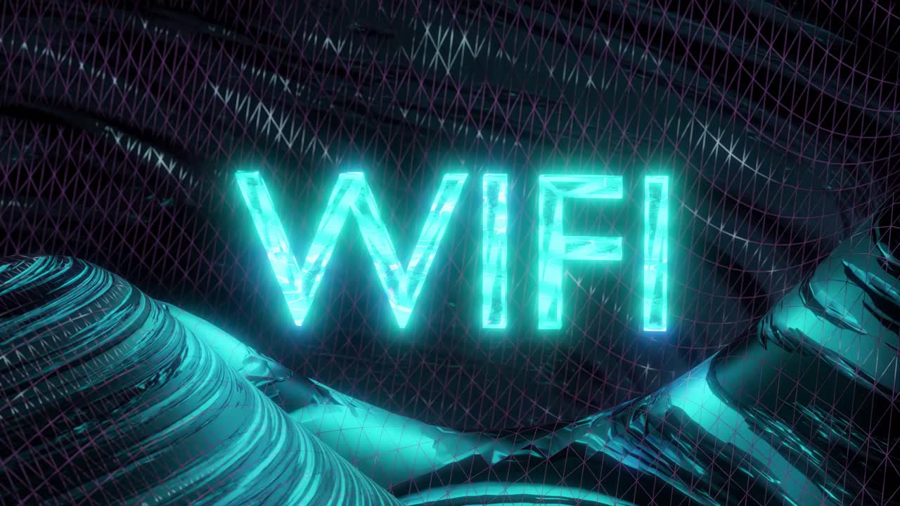 gráficos en movimiento de letras wifi azules brillantes con fondo ondulado