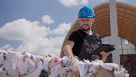 Worker-controls-bale-of-paper-at-recycling-facility,-half-body-shot