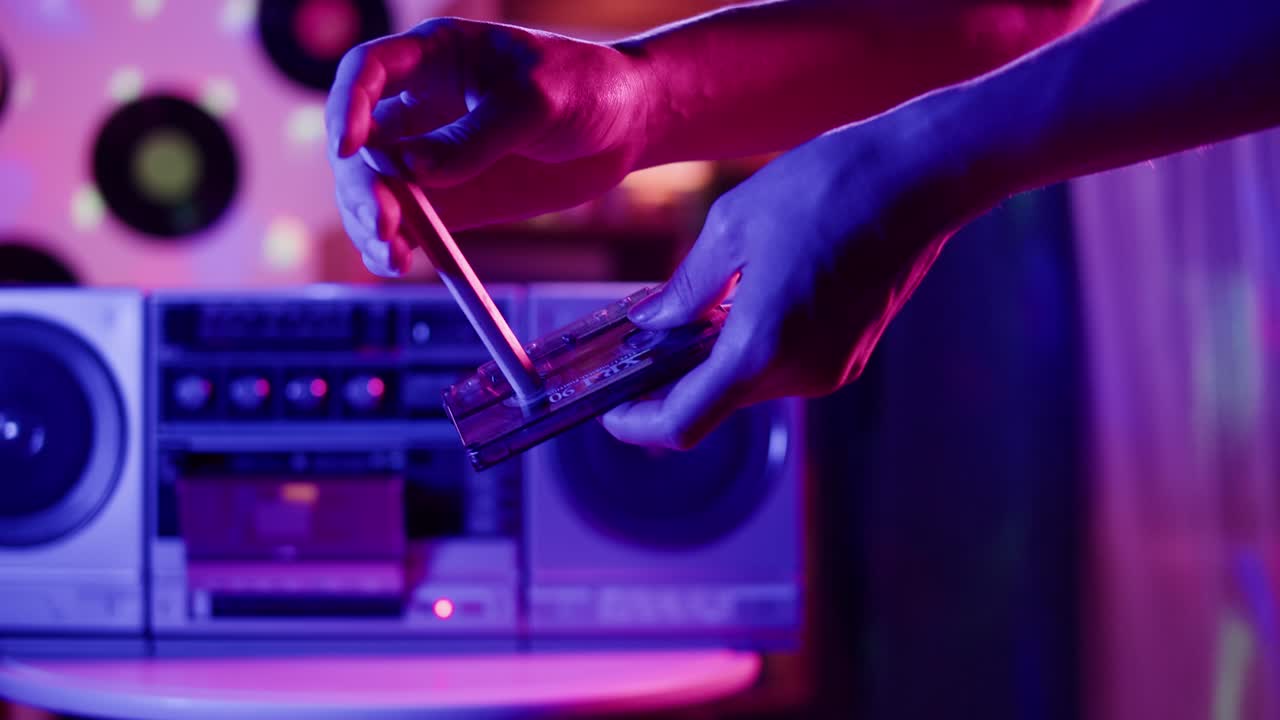 Person inserting a cassette tape into a boombox in a retro party atmosphere
