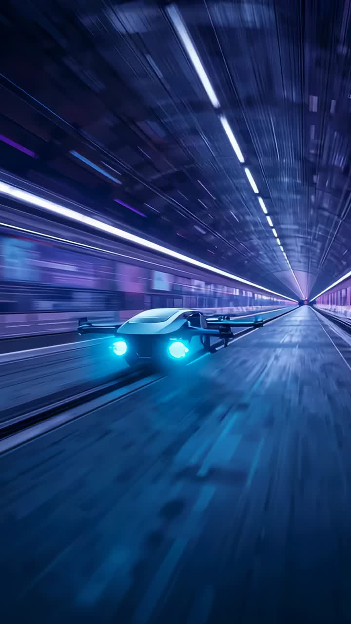 Vertical video: Launching hover craft speeding through tunnel, with cyan headlights, mist trailing
