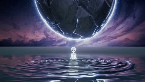 glowing alien standing in water with circular ripples, under a large, dark, cracking planet, with purple clouds and starry sky in the background, creating a mysterious and otherworldly scene