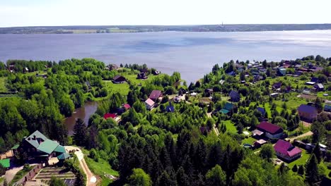 aerial view of a rural village by a lake