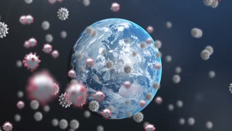 digital animation of multiple covid-19 cells floating over globe against blue background