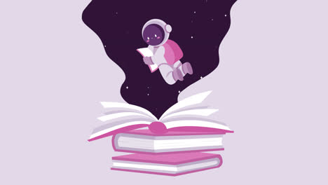 astronaut reading in space, above books