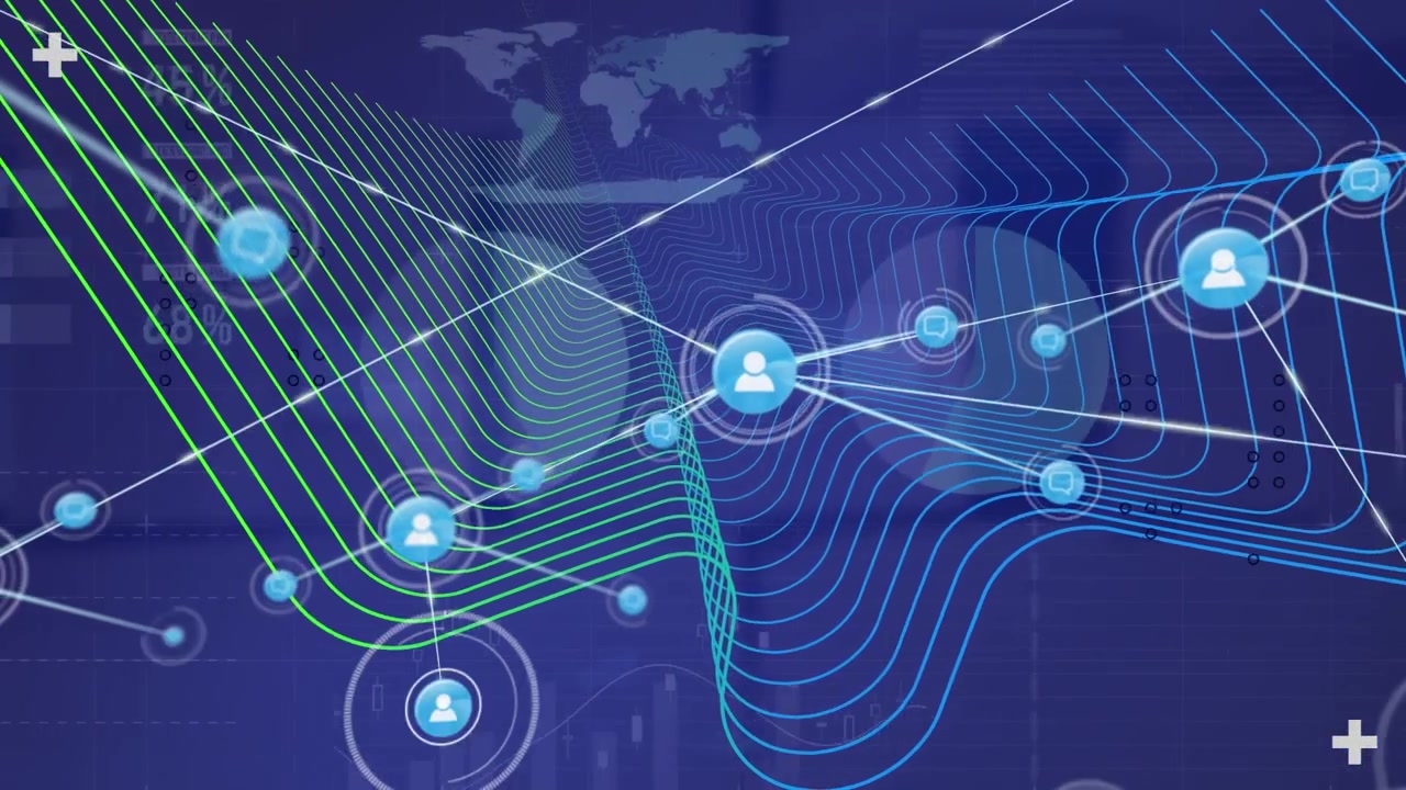 Animation of network of connections with icons and triangles over globe