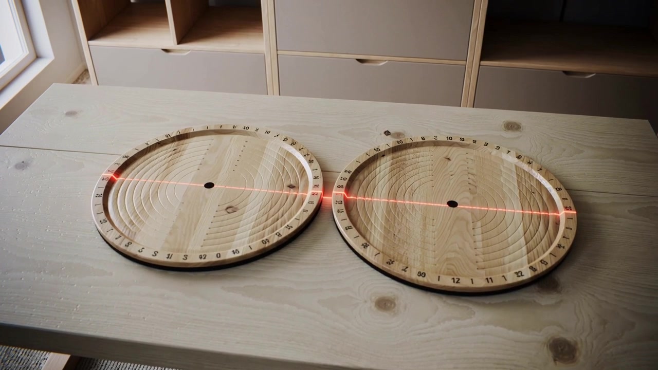 Un point laser rouge apparaissant et se déplaçant sur deux planches rondes en bois posées sur une table en bois clair, alignant leurs bords.