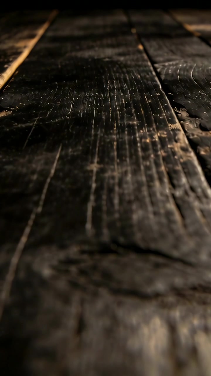 Vertikal video: Kamera trækker fokus og afslører en slidt træplanke i et rustikt rum, der viser årerne.