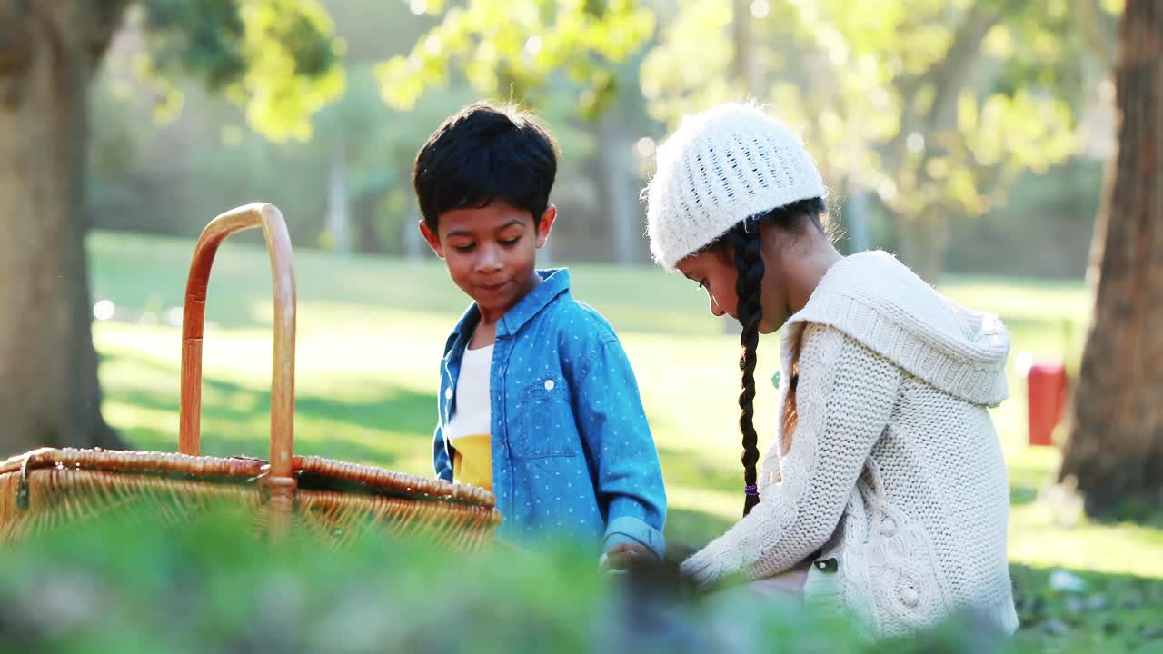 niño y niña sentados en el césped con una canasta de picnic