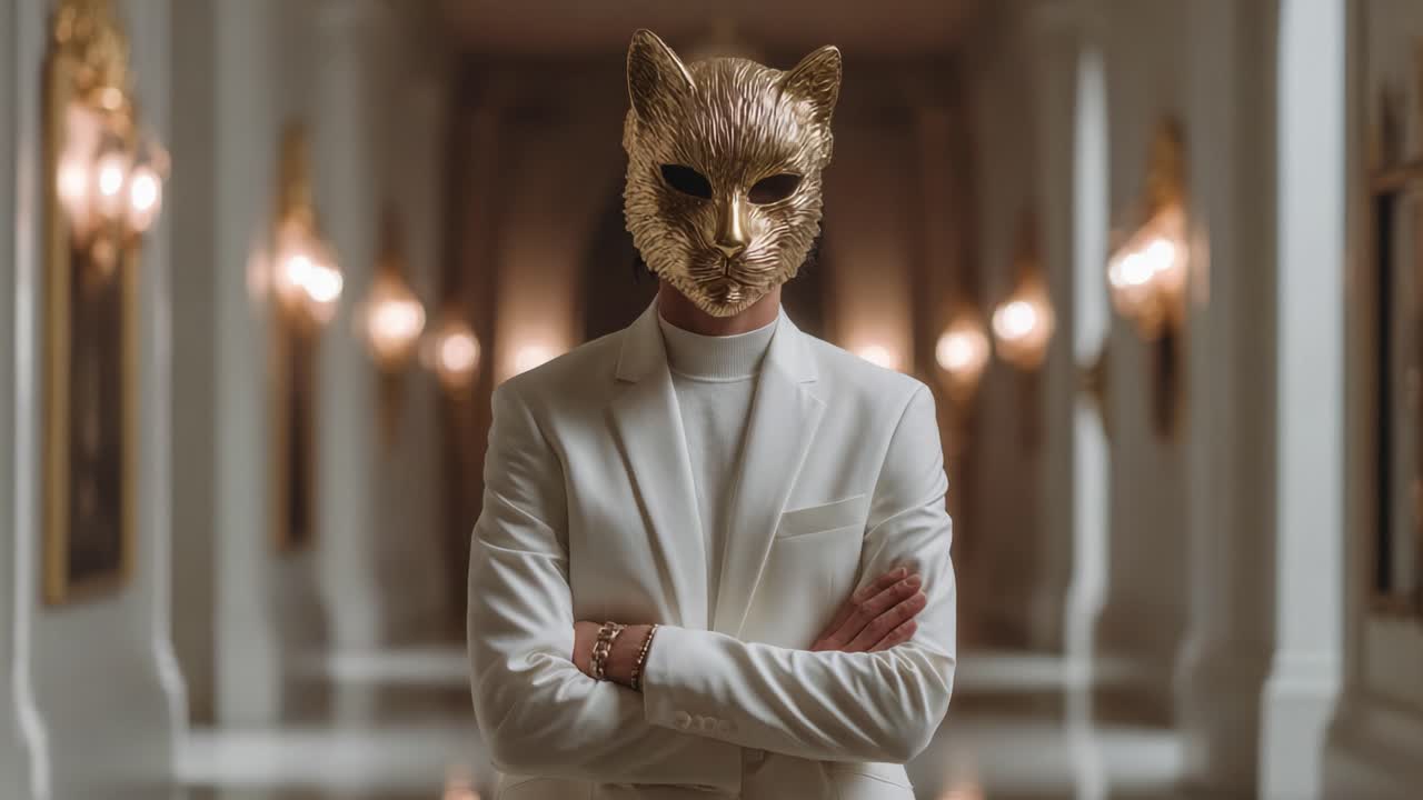 Enigmatic Figure in the Grand Hall: A Mysterious Character Donning a Gold Cat Mask, Exuding Intrigue and Elegance in a Luxurious Setting