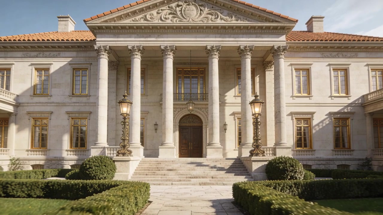 Avvio movimento telecamera, la telecamera si muove lentamente verso il portico della villa nel cortile, rivelando le colonne.