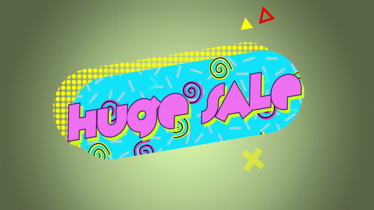 animación de texto enorme sobre formas geométricas coloridas en fondo verde