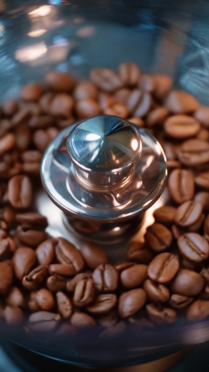 Primo piano di chicchi di caffè in un macinacaffè che ne evidenzia il colore ricco e la consistenza, perfetto per gli amanti del caffè e l'esplorazione culinaria.