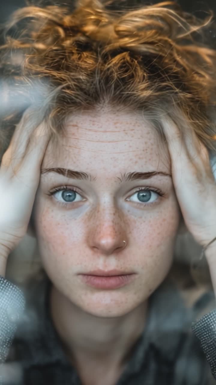 Un'espressione turbata catturata attraverso il vetro, che mostra il tumulto emotivo e la stanchezza di una giovane donna, rivelando le sue lotte interiori e il suo disagio in due inquadrature contrastanti.