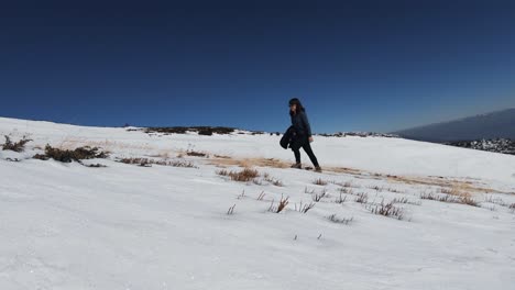 Toma-Constante-De-Una-Niña-Que-Sube-Lentamente-Una-Montaña-Nevada-Con-Algunas-Plantas-Alrededor