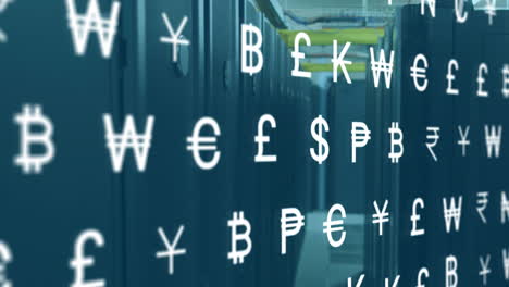 animación de múltiples símbolos de divisas en los racks de los servidores de datos en la sala de servidores