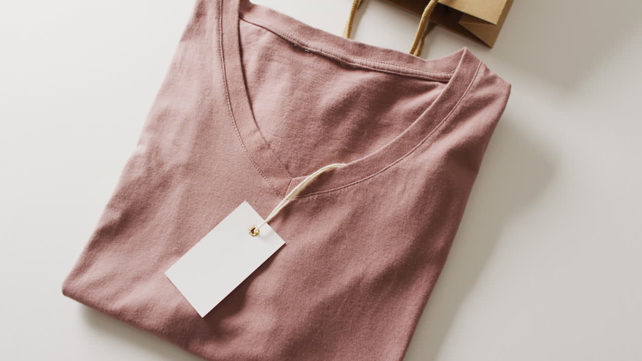 video di un close-up di una maglietta piegata marrone con tag su sfondo bianco