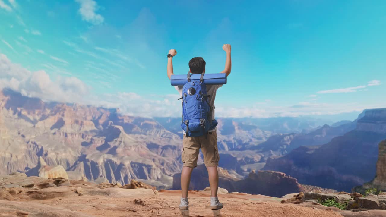 Full Body Back View Of A Male Hiker With Mountaineering Backpack Screaming Goal Celebrating The Success While Traveling At The Top Of Mountain