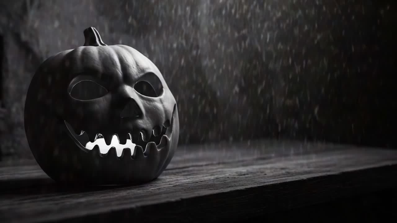 A Sinister Black Pumpkin with Menacing Grin Illuminated from Within, Set Against a Dark and Mysterious Background, Evoking Halloween's Eerie Atmosphere