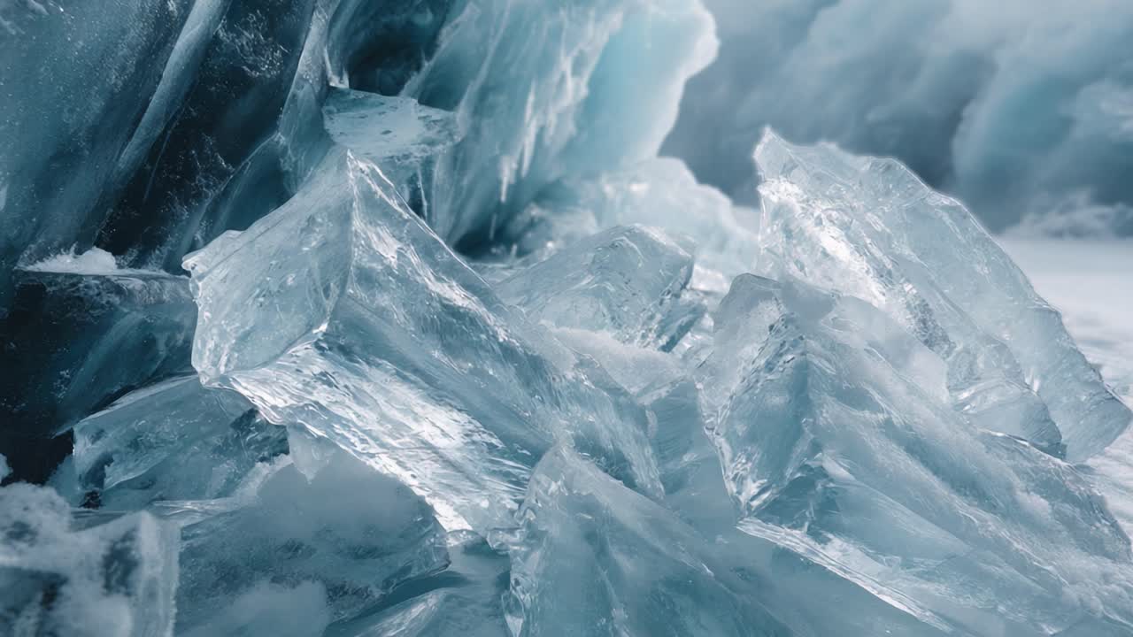 A Close-Up of Shimmering Ice Blocks Cradled in a Frosty Landscape, Capturing the Beauty and Intricacies of Ice Formations Under Soft Light