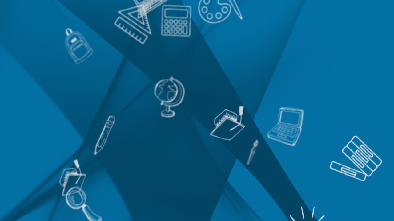 animación de iconos blancos en movimiento sobre fondo azul