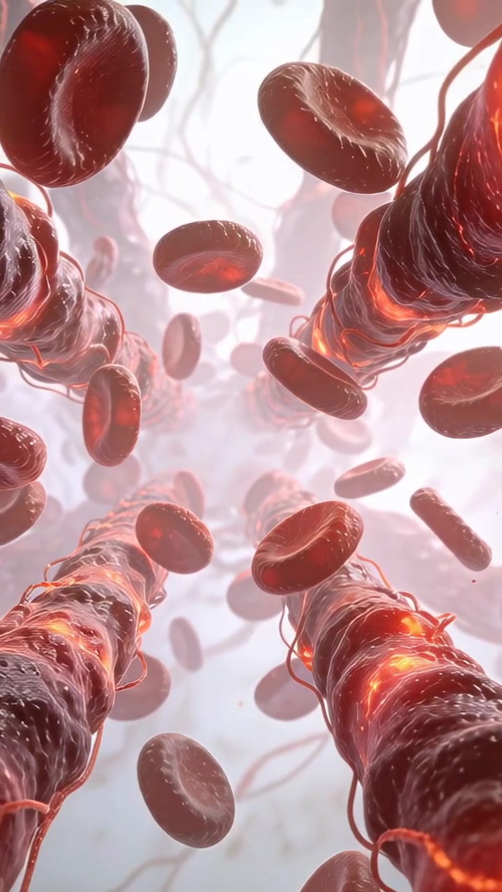 Vertical video: Advancing camera exploring red blood cells flowing through vessel lumen glowing