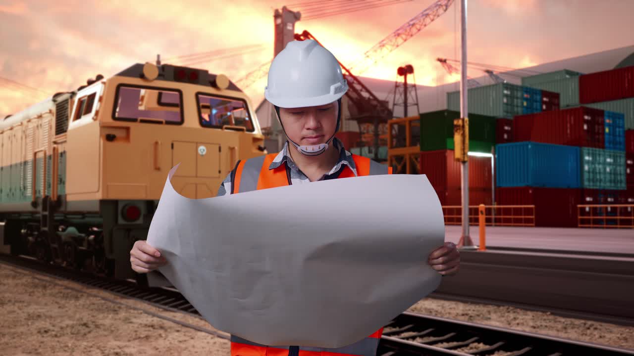 Engineer Reviewing Plans at a Port with Train in Background