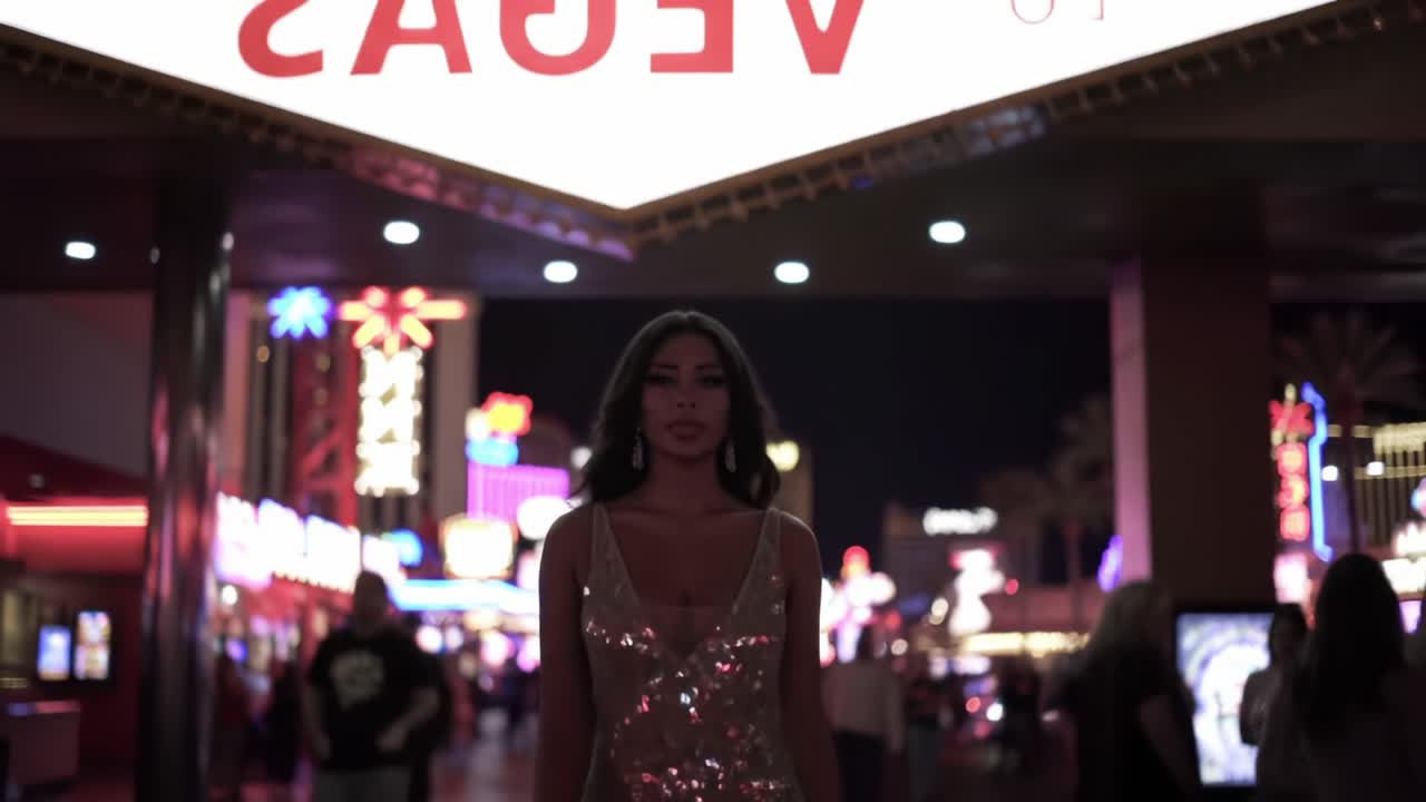 A Glamorous Woman Stands Confidently Under Bright Neon Lights on a Bustling Night, Exuding Elegance and Charm in a Sparkling Dress Amidst a Vibrant City Atmosphere