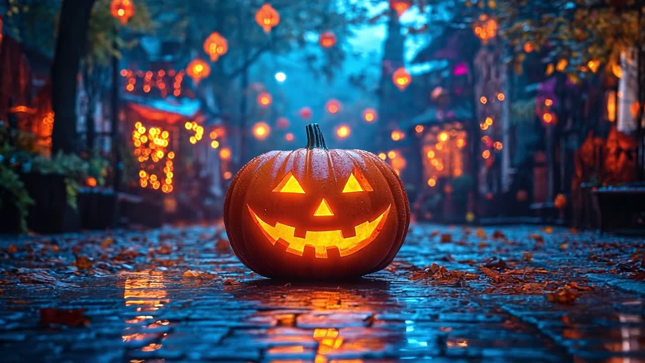 Halloween Jack-o'-Lantern on a Wet Street