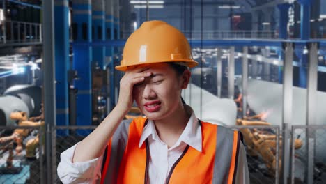 close up of asian female engineer with safety helmet having a headache while standing in factory manufacture of wind turbines