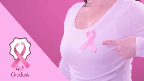 animation of breast cancer awareness text over caucasian woman