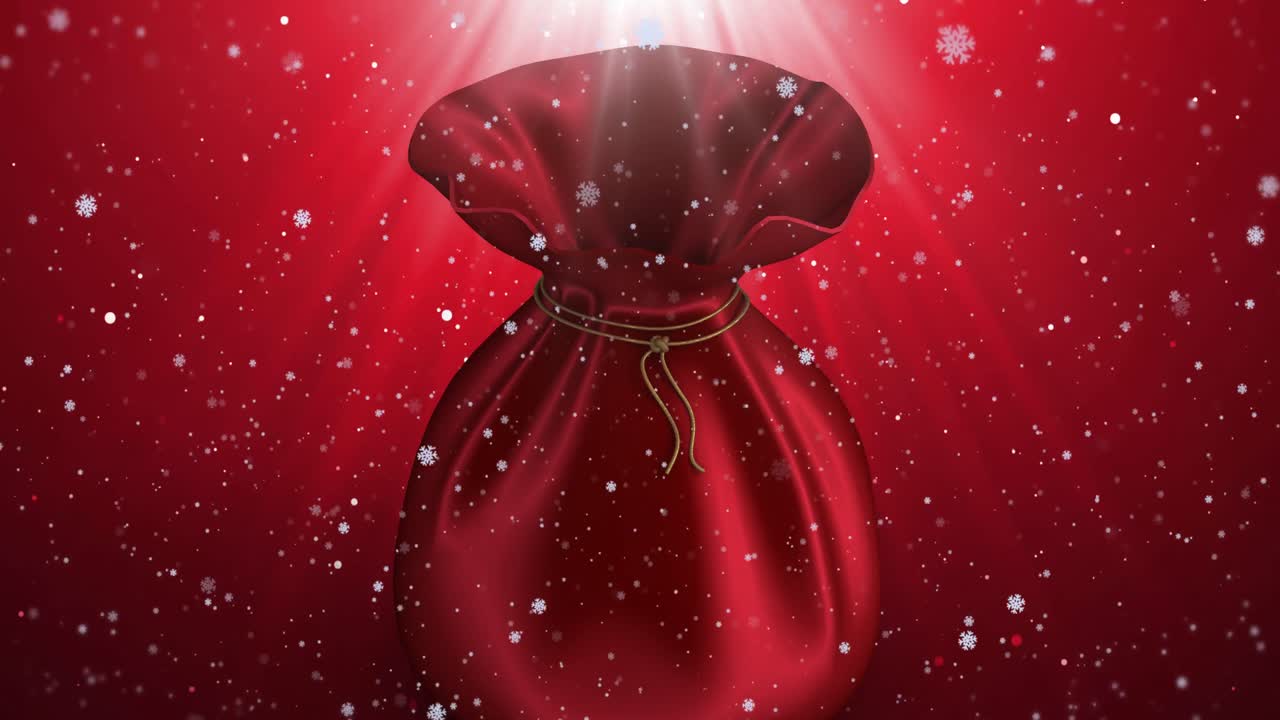 animação de saco vermelho de natal e neve caindo em cenário de inverno.