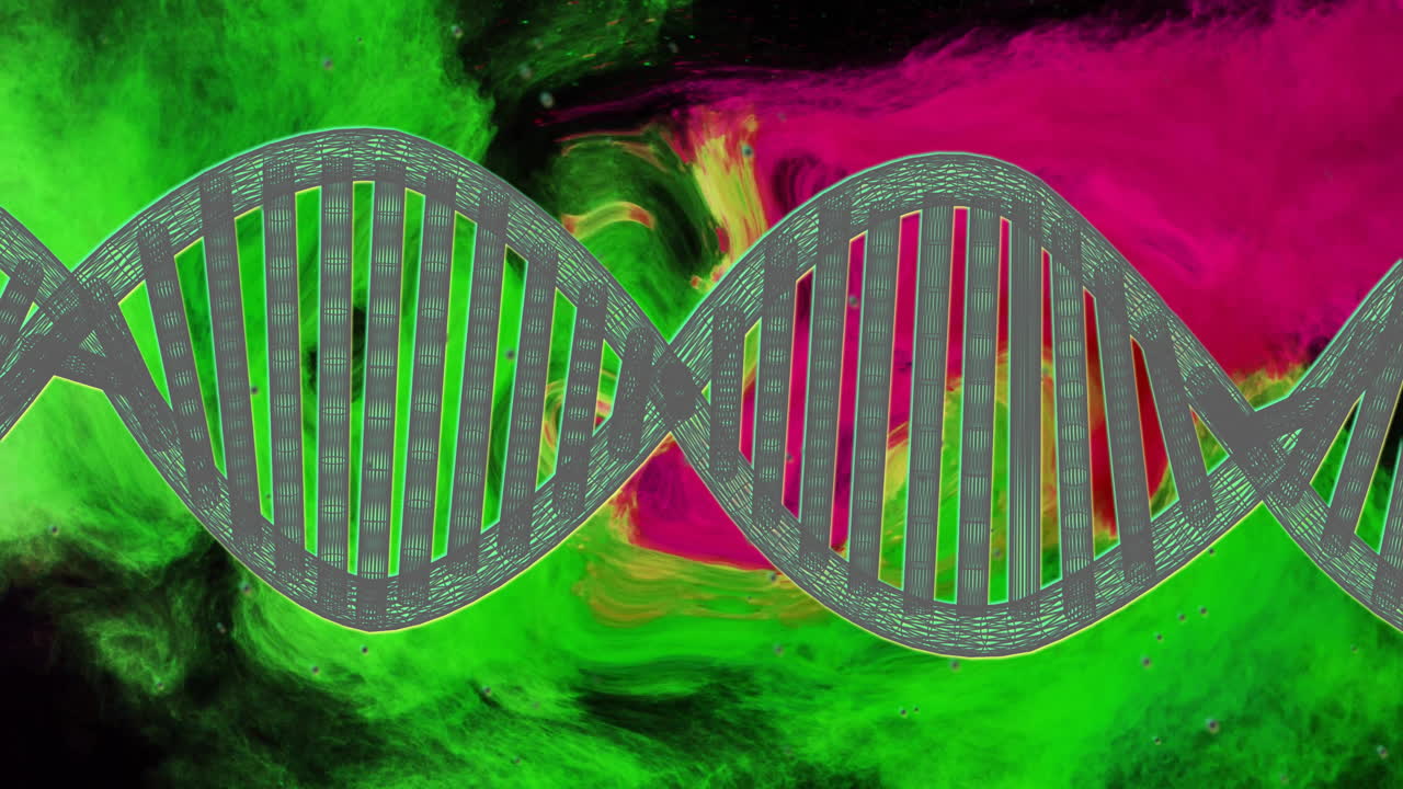 Animation of dna strand over green and pink shapes moving