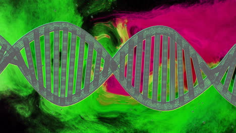 animation of dna strand over green and pink shapes moving