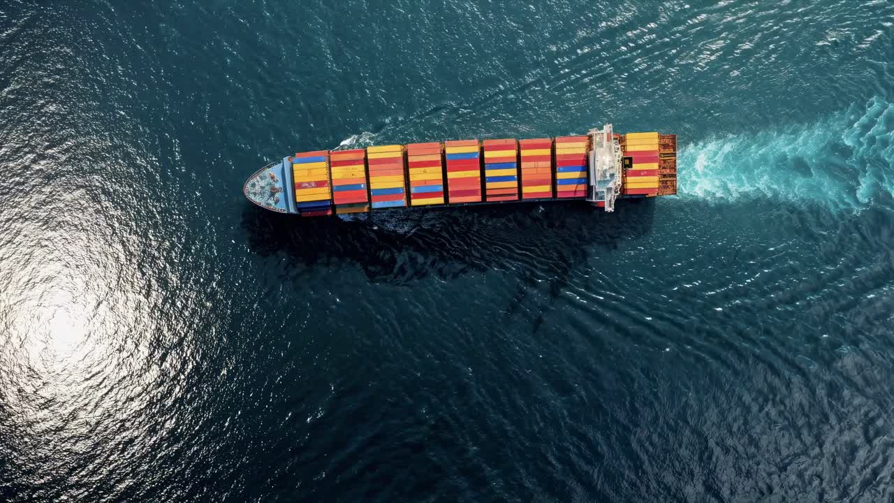 Aerial view of a cargo ship navigating through blue waters, showcasing vibrant containers