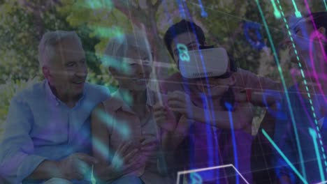 Scope-scanning-over-grid-network-against-caucasian-girl-wearing-vr-headset-in-the-garden-with-family