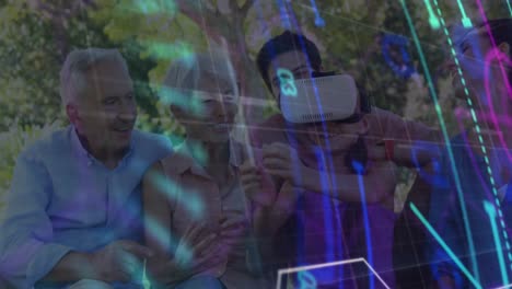 escaneo de alcance sobre la red de red contra la chica caucásica que usa auriculares vr en el jardín con la familia