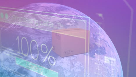 animation of data processing over cardboard box and globe